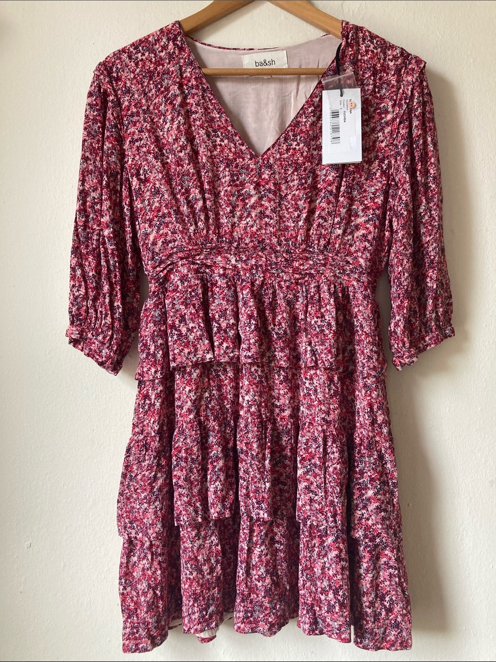 ba&sh Nina Tiered Ruffle Mini Dress Floral Fuschia L - Picture 2 of 16